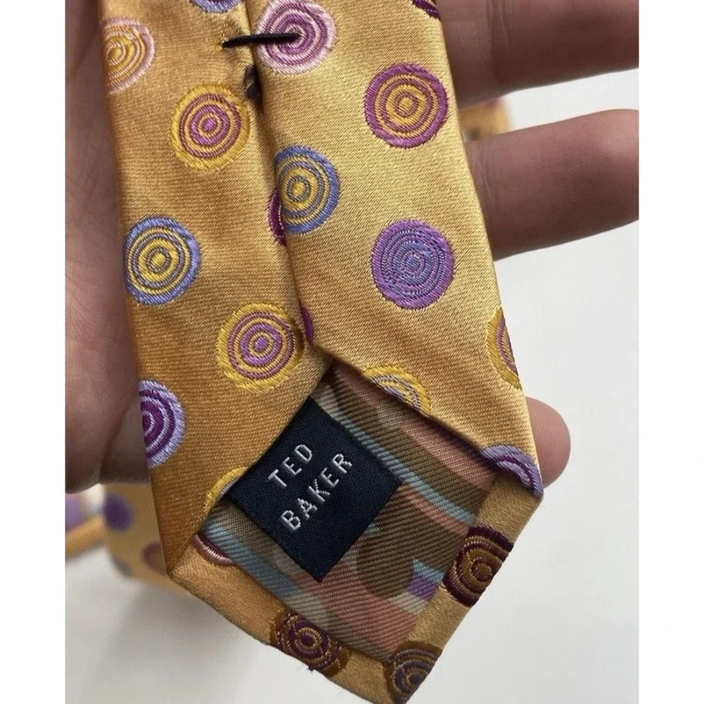 Ted Baker Mens 100% Silk Woven Neck Tie Yellow Orange‎ Multicolor Circles